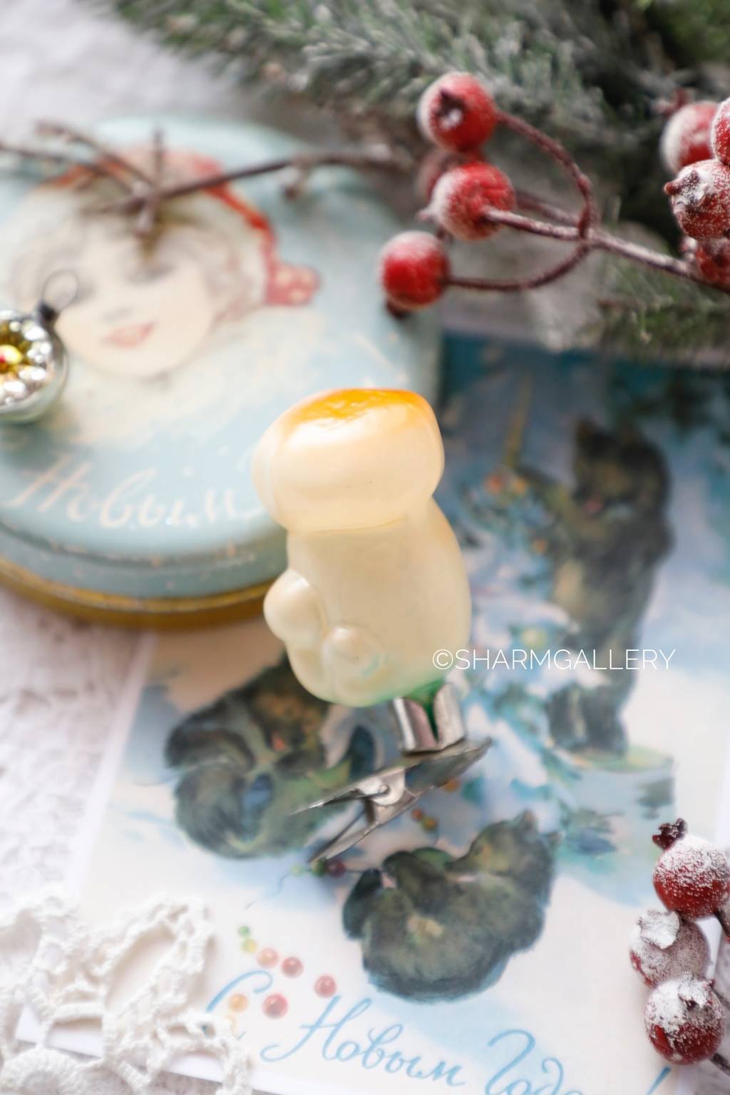 Грибочки. №2. Винтажная елочная игрушка, стекло на прищепке. СССР.