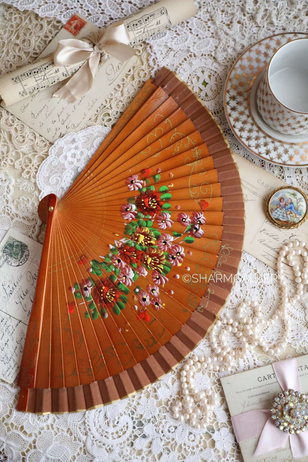 Веер №9 деревянный с росписью, Испания, Винтаж.