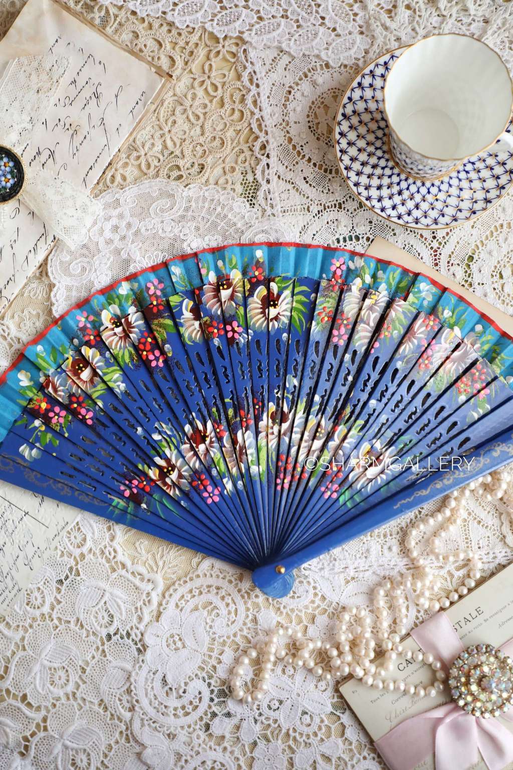 Веер №15 деревянный с росписью, синий. Испания, Винтаж.