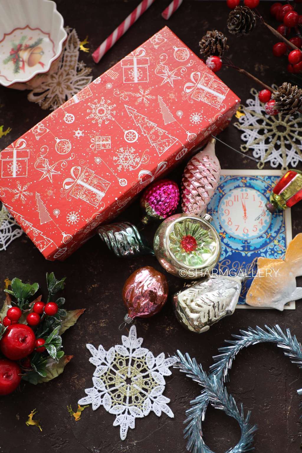 Подарочный набор №117 винтажных елочных игрушек "Подарочный", 8шт. + открытка СССР.