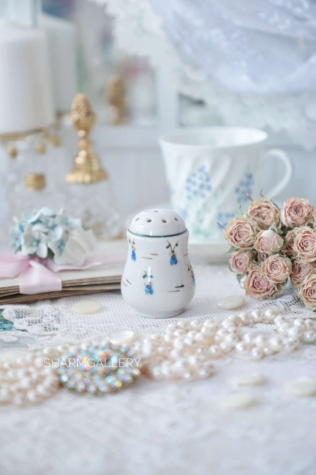 Старинная солонка Синие цветы, роспись фарфор СССР.