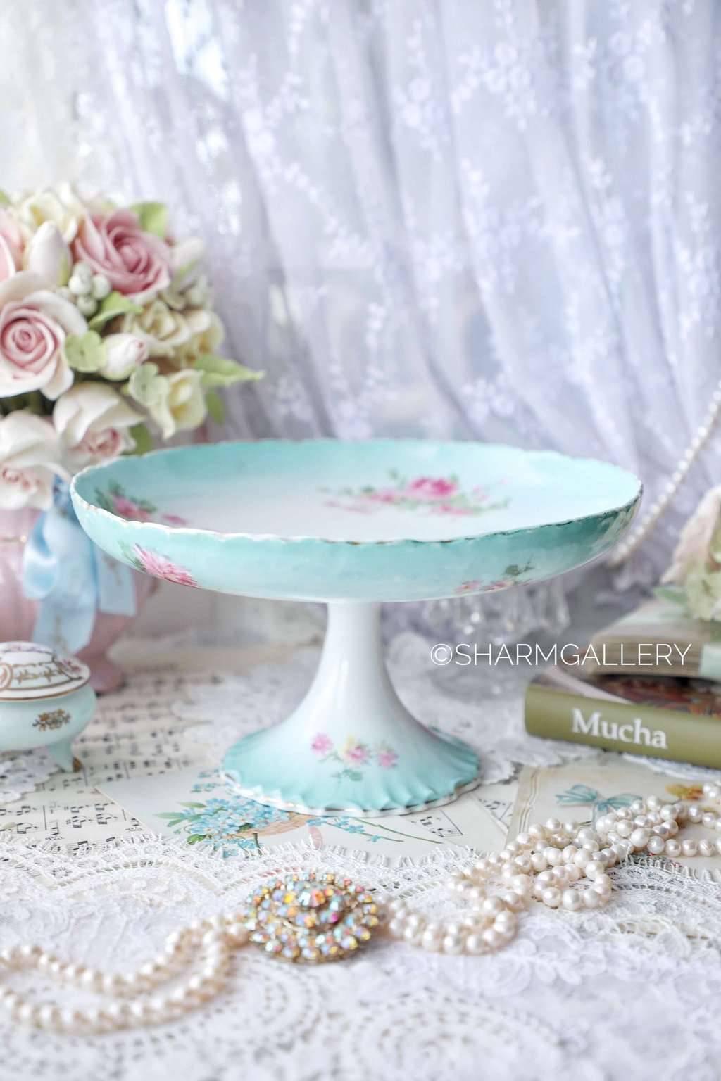 Антикварная Фруктовница Ваза на ножке «Хризантемы» фарфор Лимож/Limoges France.