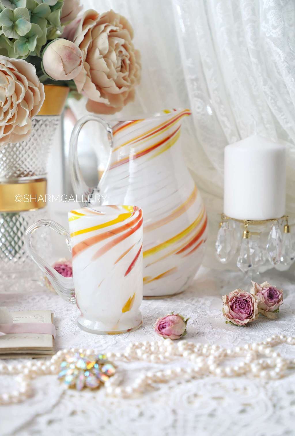 Кувшин для воды  и кружка, гутное стекло СССР.