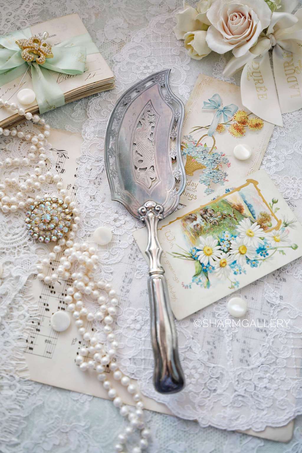 Антикварная лопатка для рыбы, серебрение 31,5см., СССР.