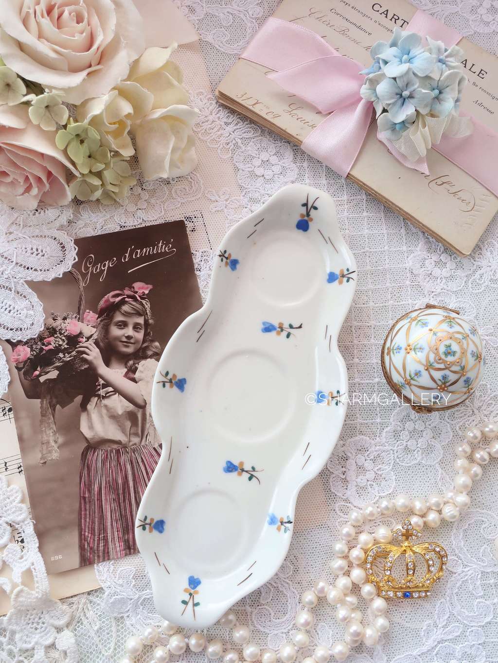 Старинная сервировочная подставка «Голубые цветы» фарфор, СССР.