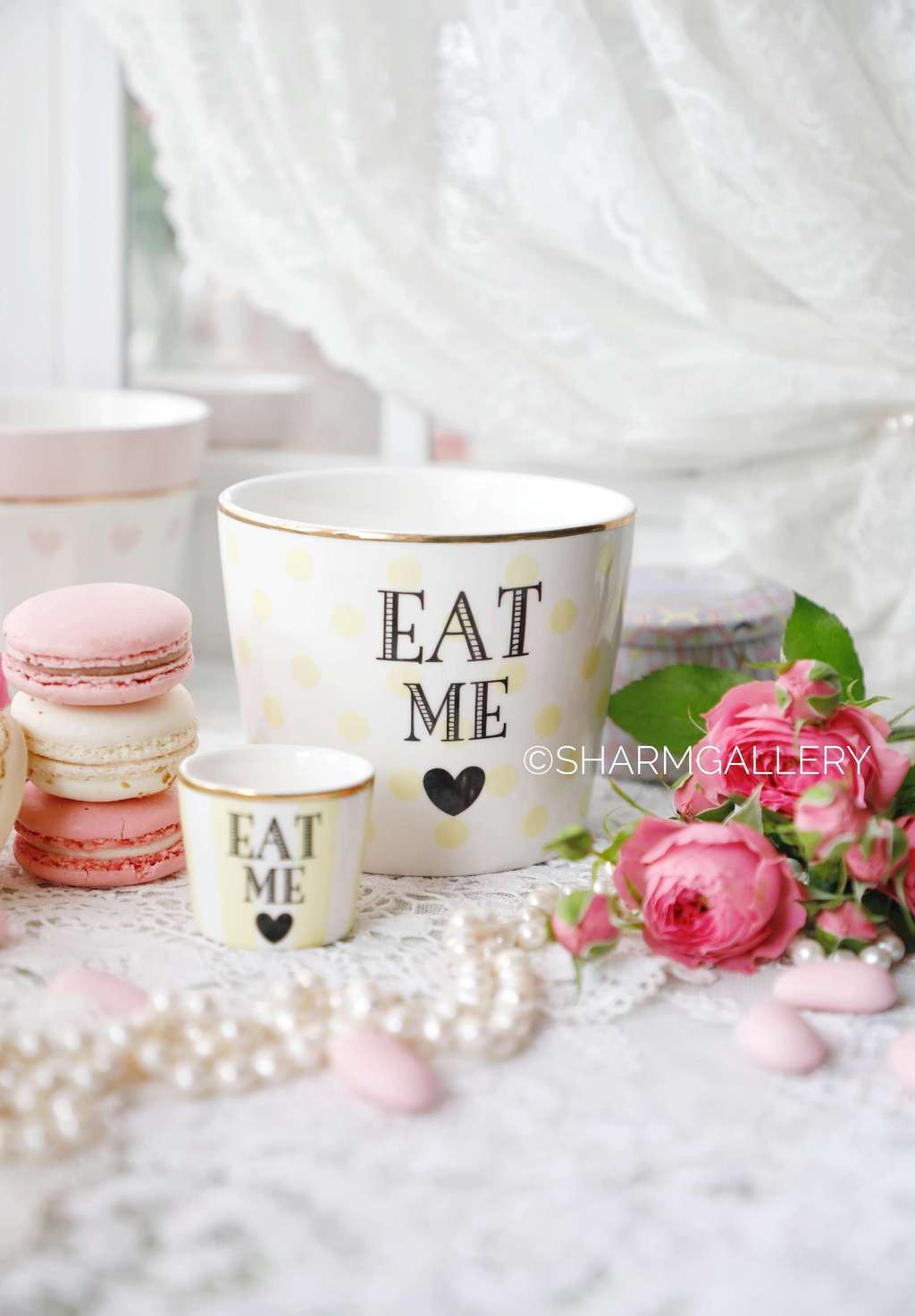 Пиала высокая «Eat Me» и подставка для яйца лимонный горошек и полоска, фарфор Miss Etoile.