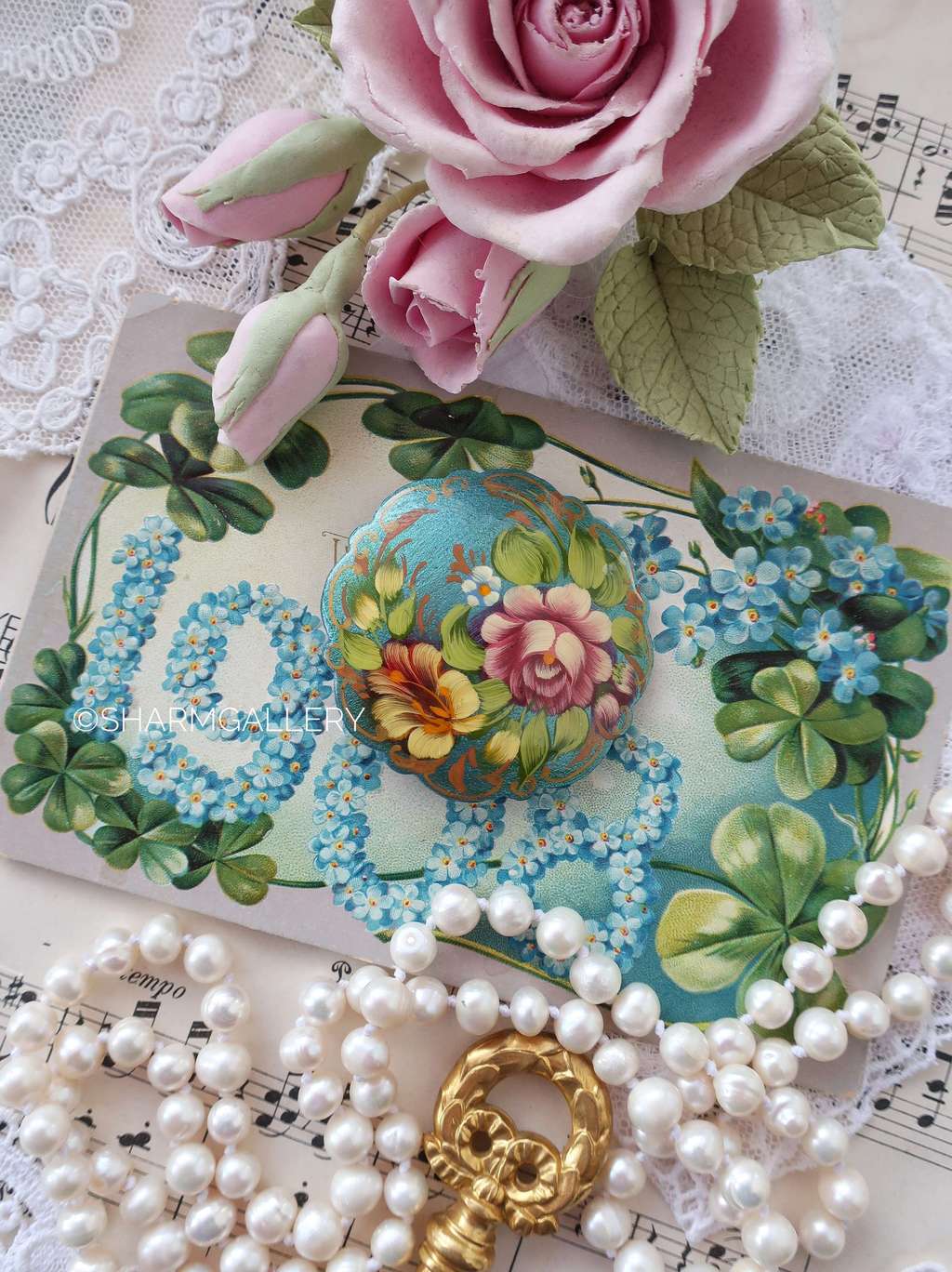 Брошь «Букет» дерево, роспись, СССР.