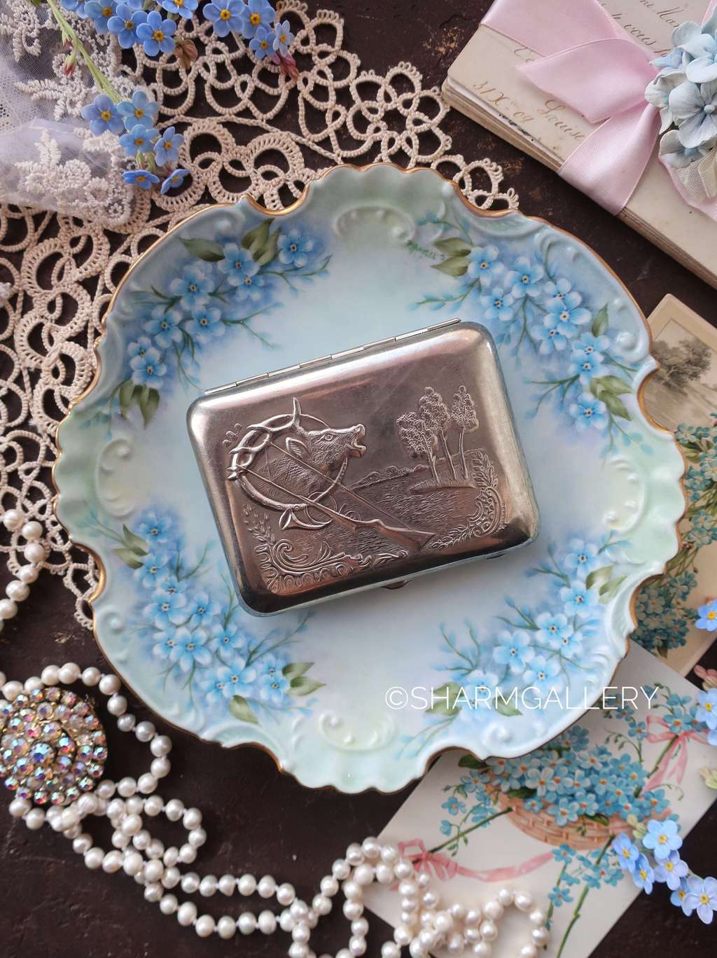 Портсигар "Охота", металл, 1950-60гг., СССР.