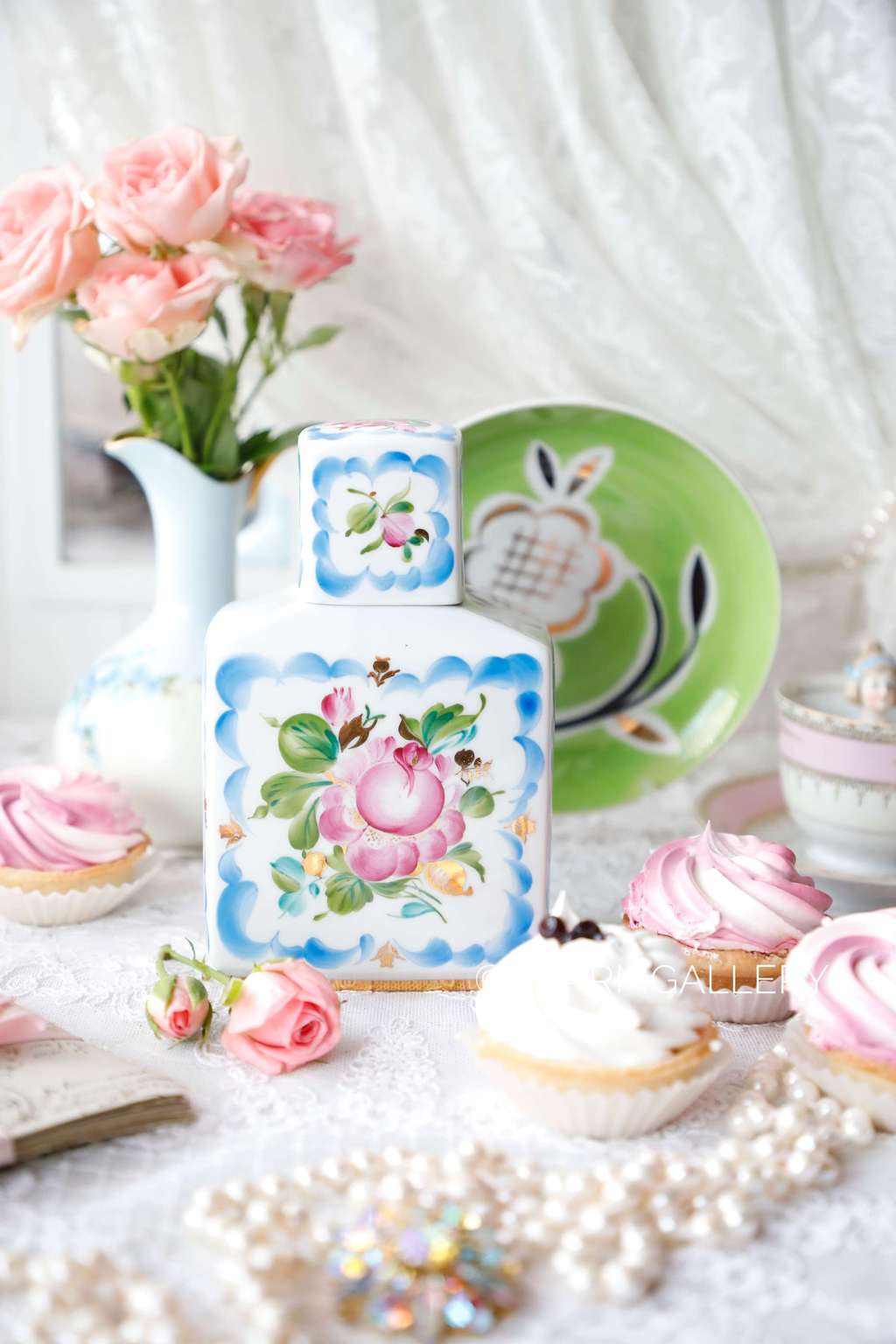 Чайная банка/Чайница, роспись фарфор ЛФЗ, СССР + блюдце Дулево 1968г., в подарок!