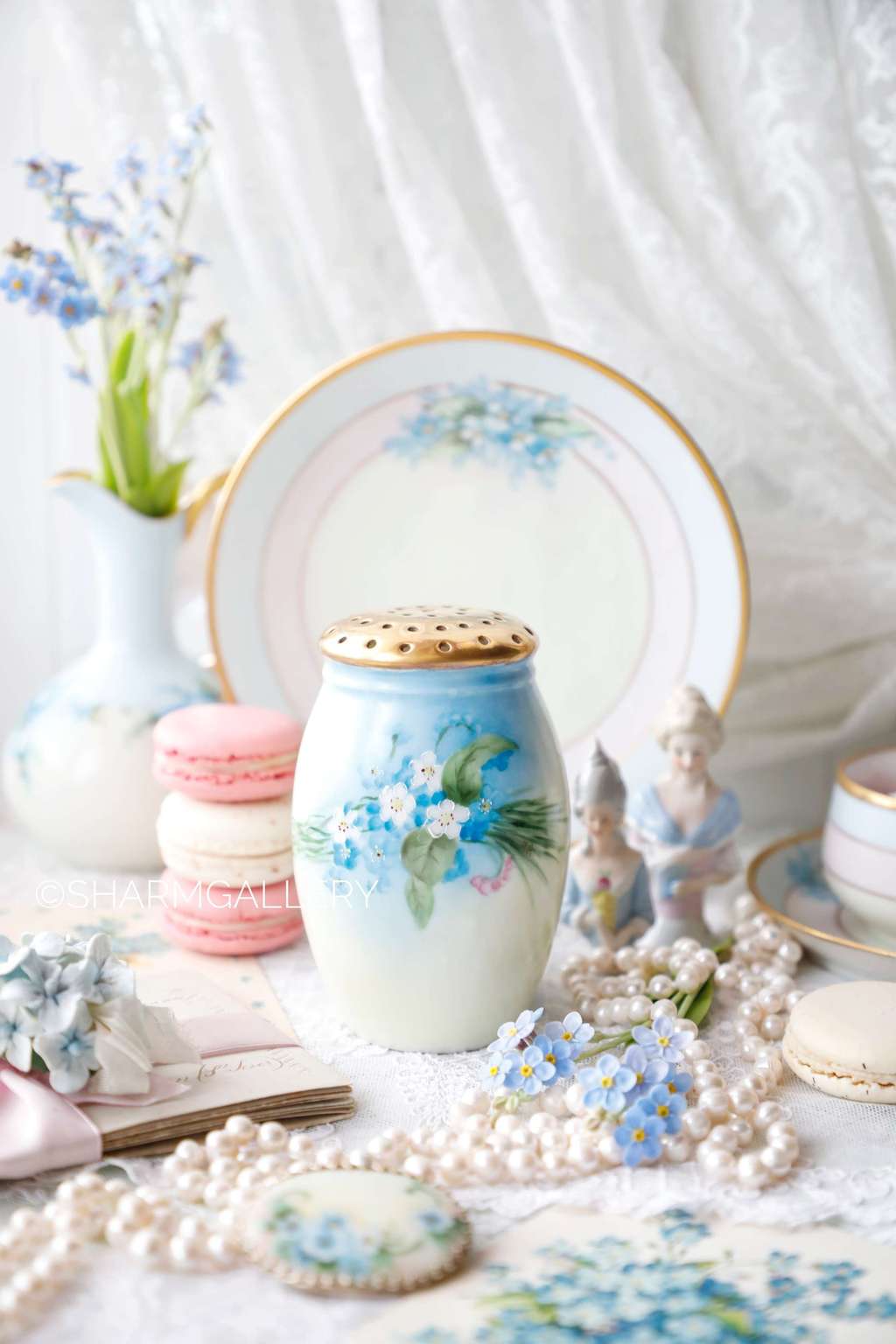 Антикварный сифтер (шейкер) для сахарной пудры/корицы/какао Незабудки, фарфор, роспись, Австрия