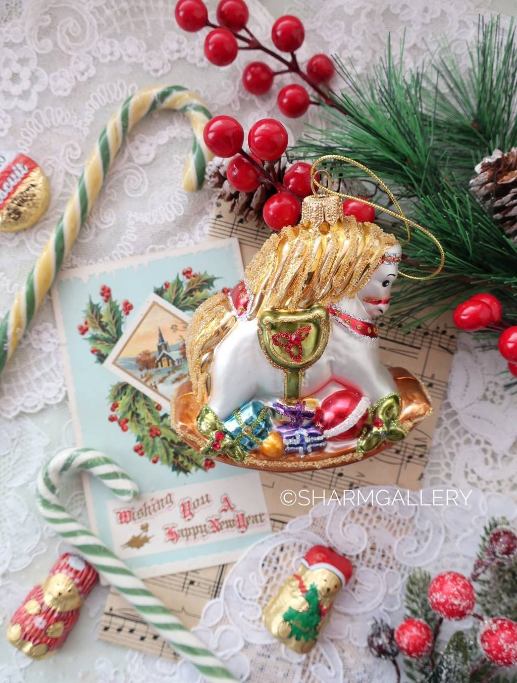 Елочная игрушка Лошадка качалка. Стекло, роспись, Irena-Co (Ирэна)