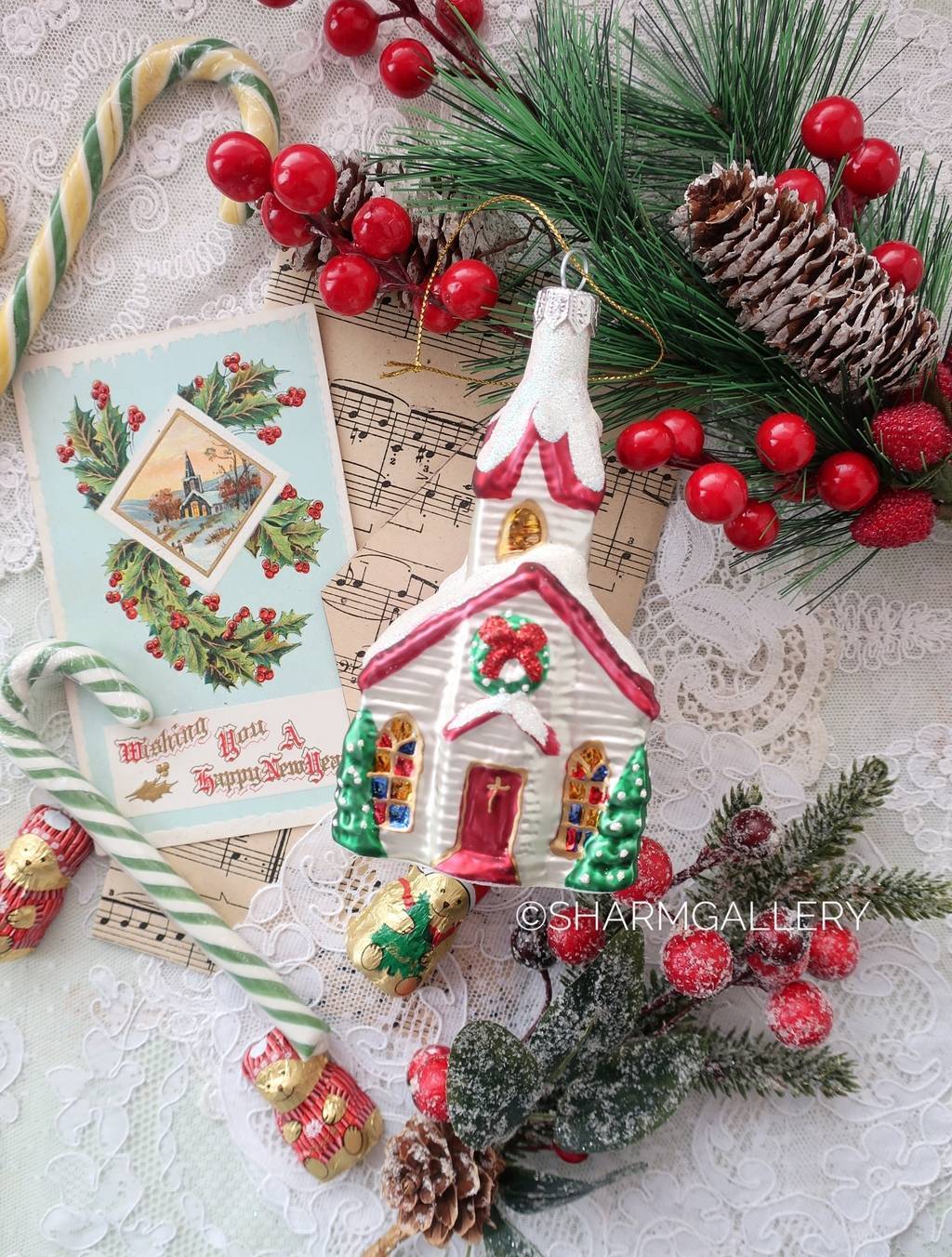 Елочная игрушка «Домик/Костел» стекло, роспись, Польша.