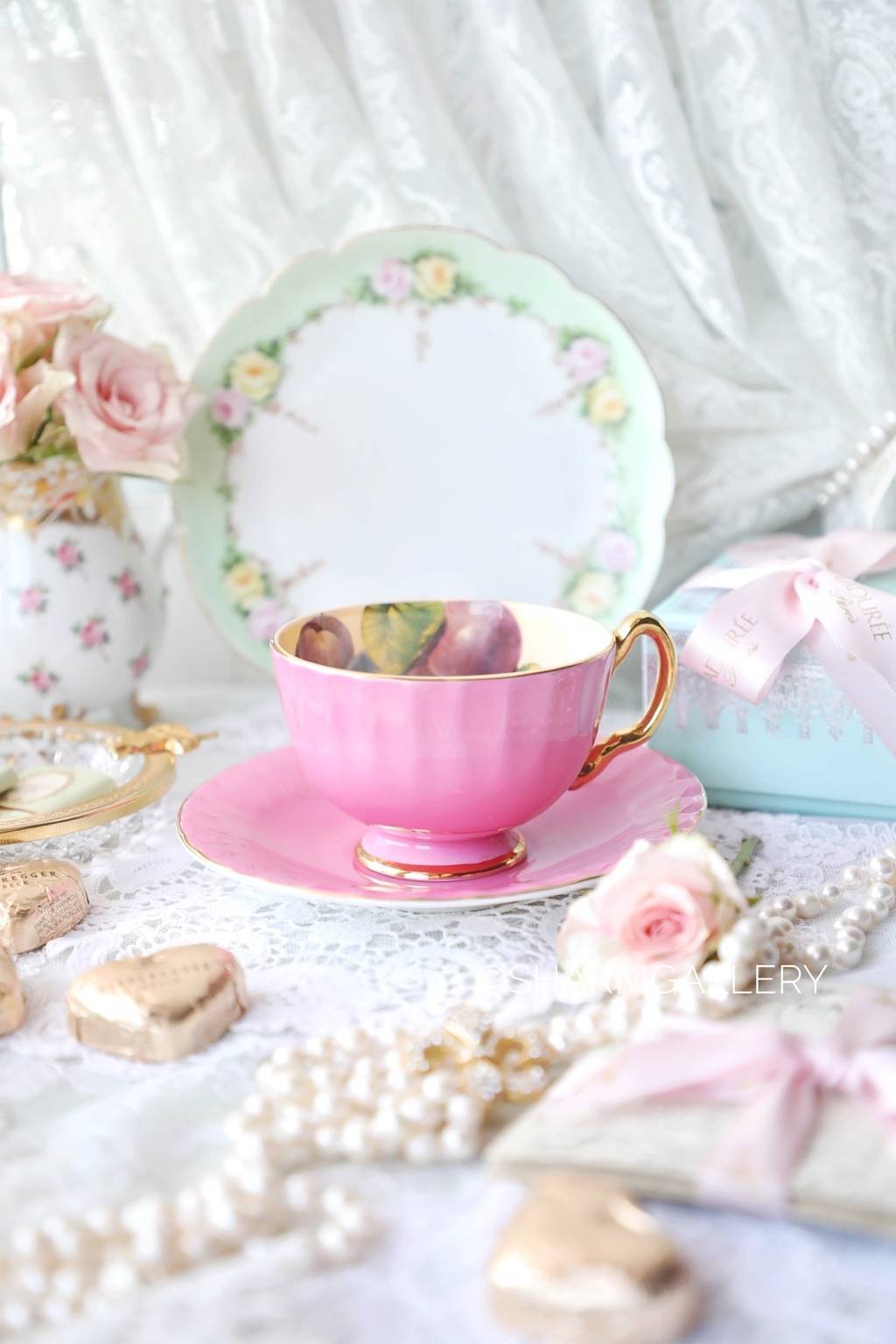 Чайная пара цвета фуксии "Фрукты", фарфор.