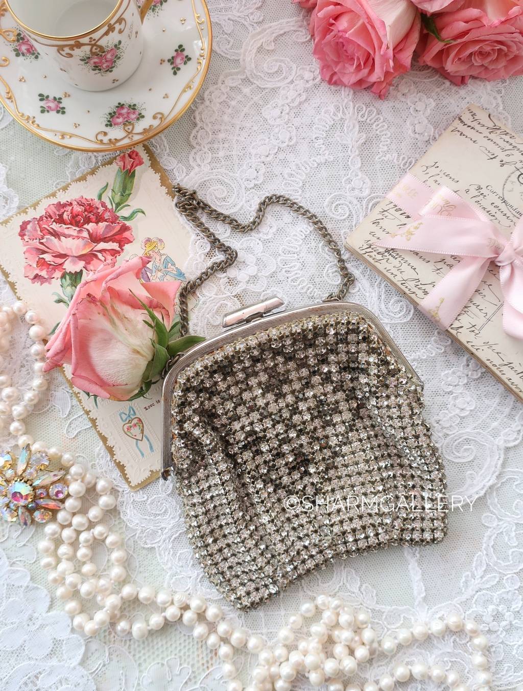 Старинная театральная сумочка, стеклянные стразы, металл. Яблонекс Чехословакия