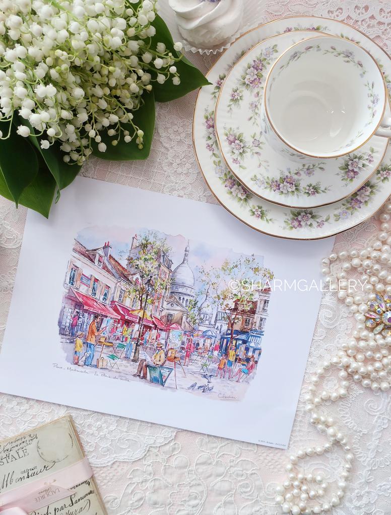 Картина на бумаге серия «Парижские зарисовки» Montmartre Place du Tertre, Франция.