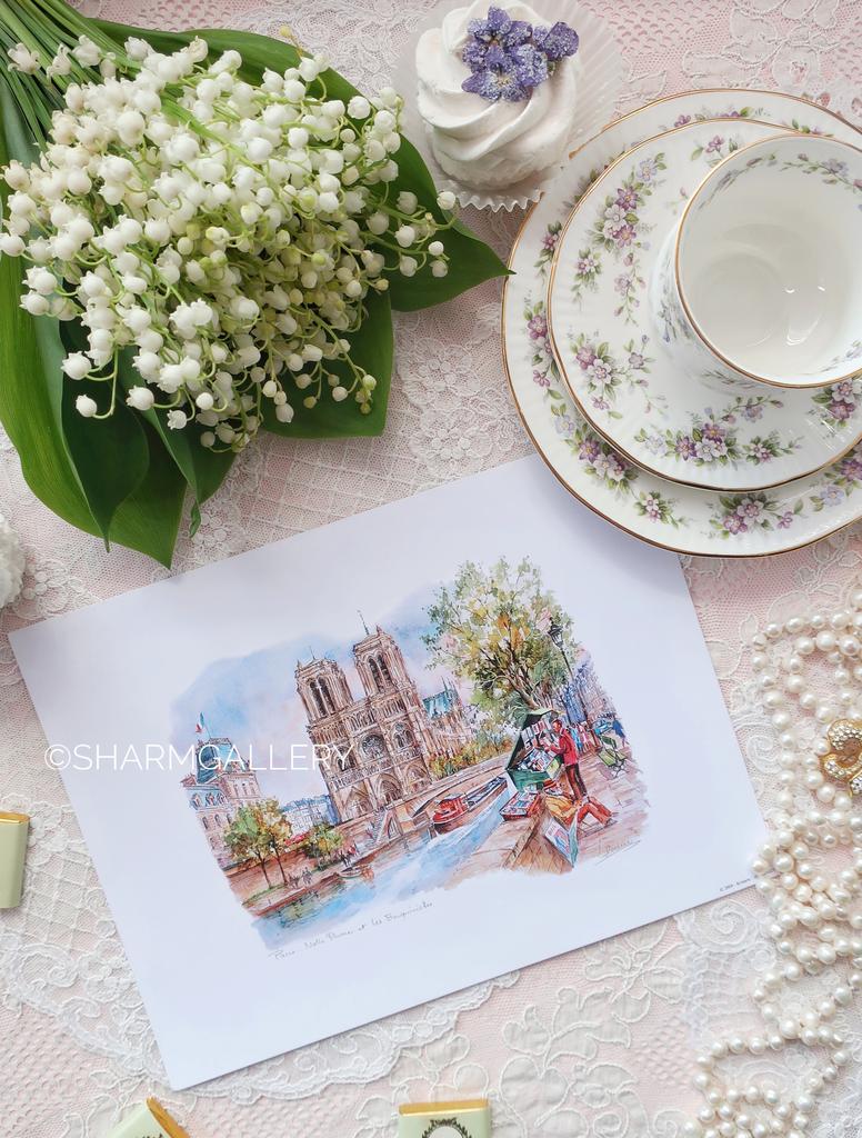 Картина на бумаге серия «Парижские зарисовки» Notre-Dame de Paris, Франция.