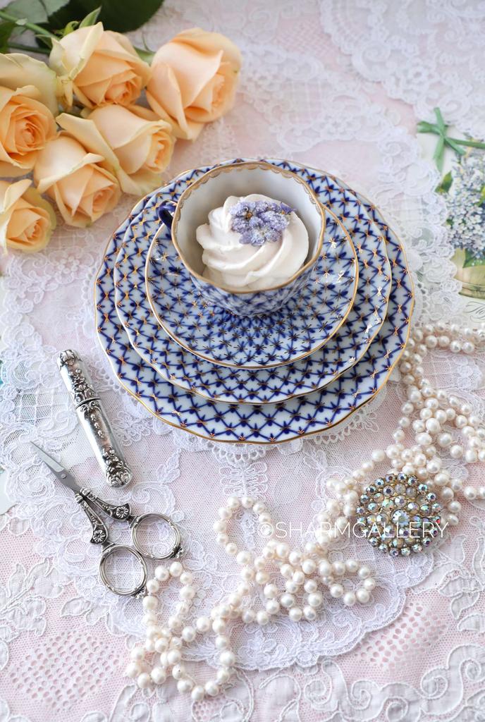 Кофейная четверка кобальтовая сетка. Фарфор, ЛФЗ.