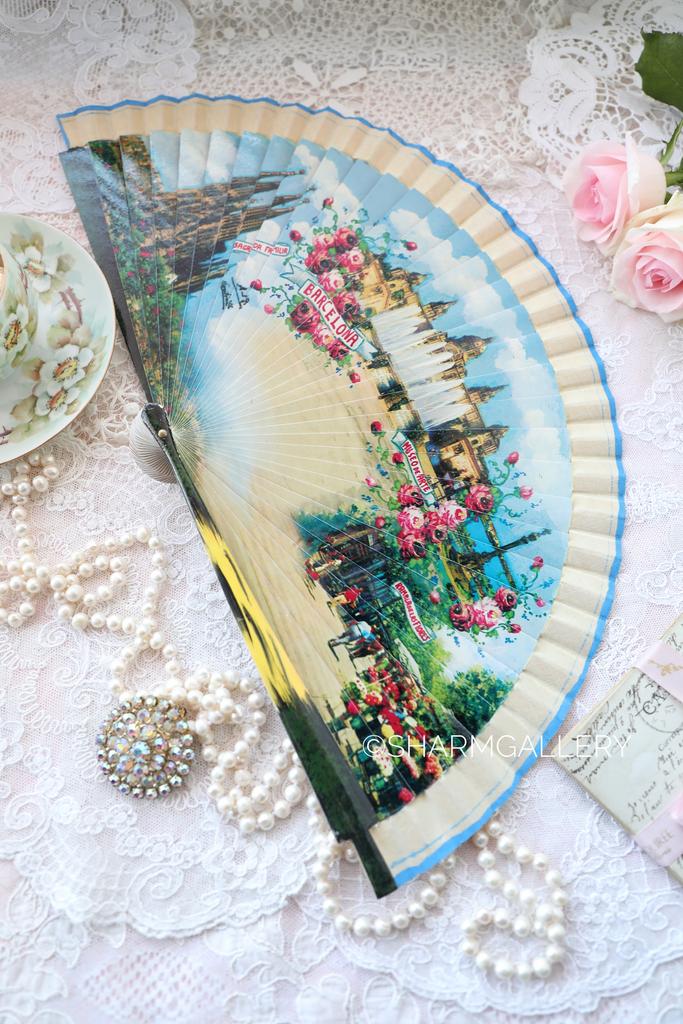 Веер №22 деревянный с росписью. Испания, Винтаж.