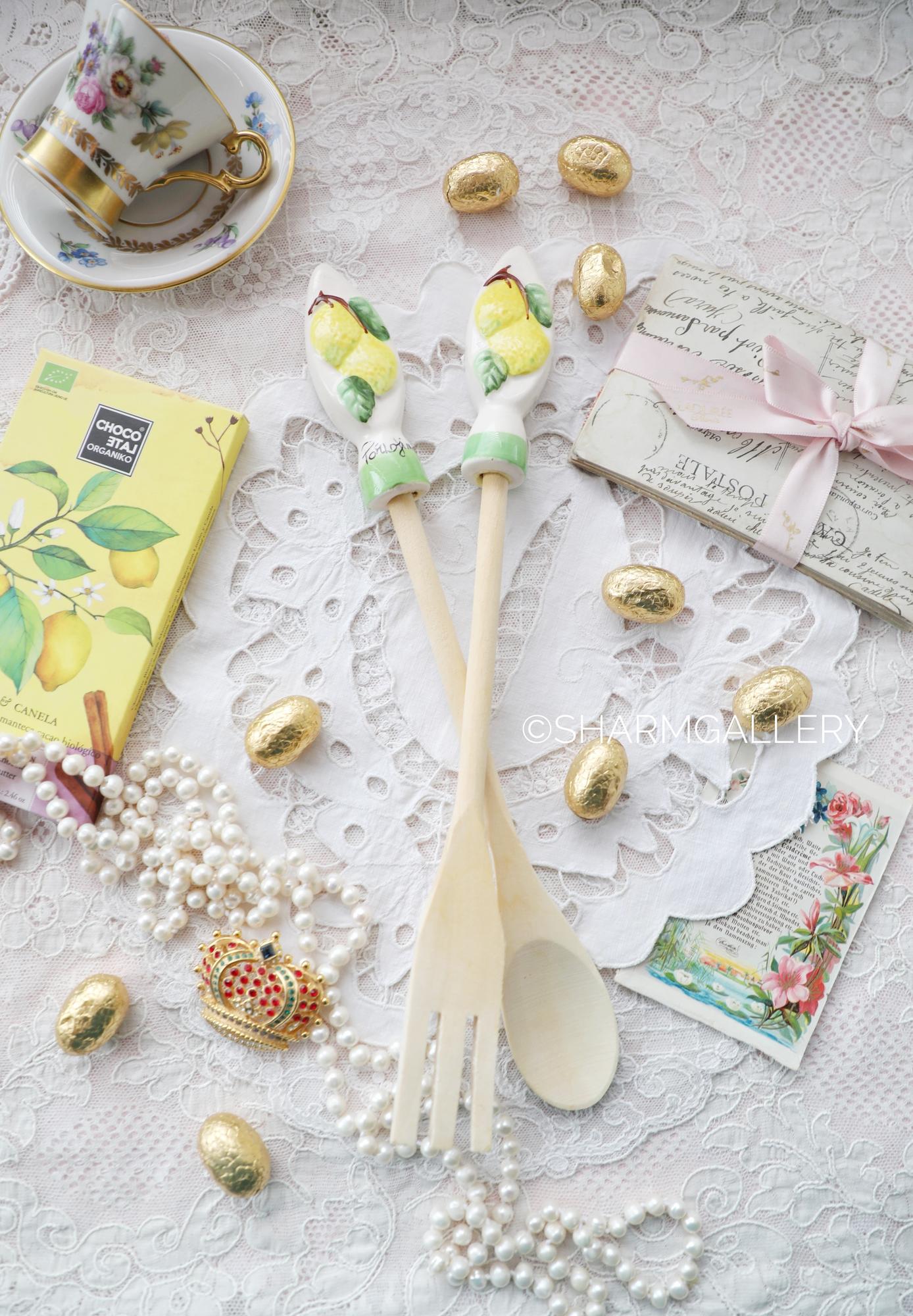 Набор для подачи салата вилка и ложка «Лимоны Портофино» дерево, керамика Италия.