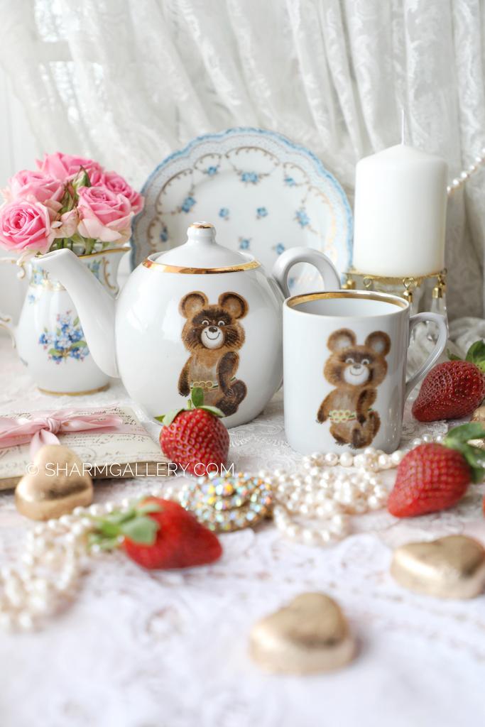 Набор Олимпиада 80 Чайник заварочный и Кружка, фарфор Дулево и Кузяево СССР.