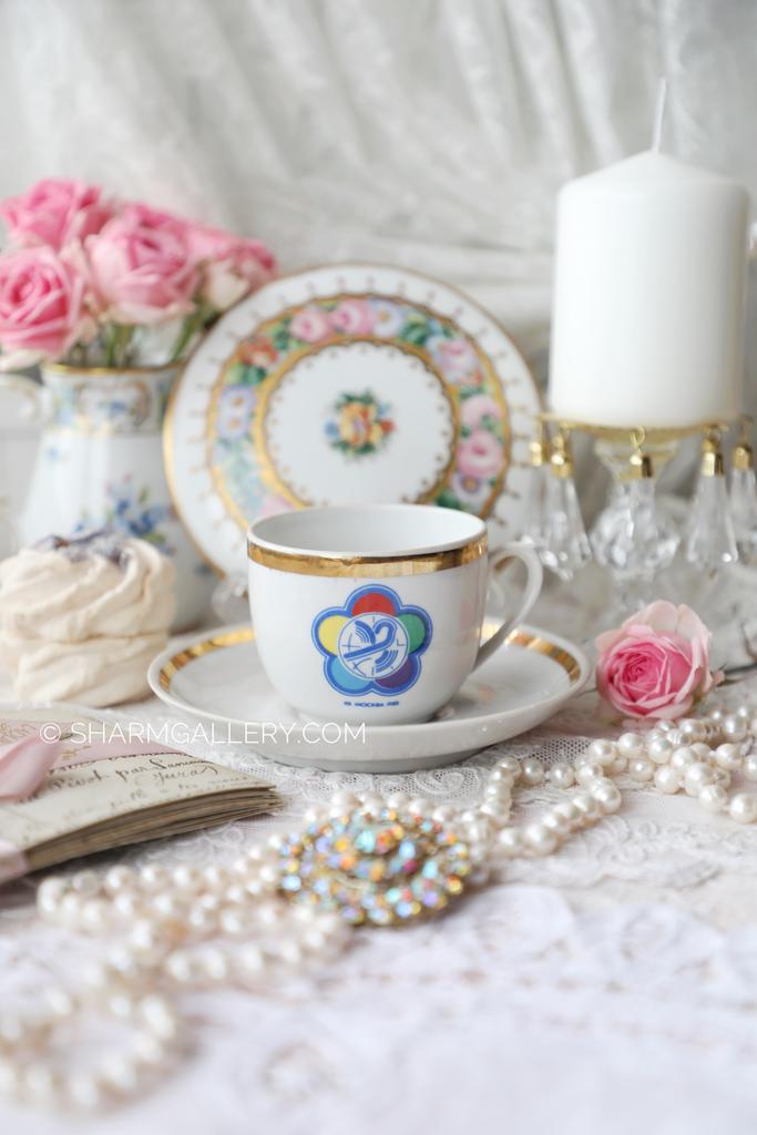 Редкость! Кофейная пара «XII Всемирный фестиваль молодёжи и студентов» фарфор Вербилки СССР 1985г