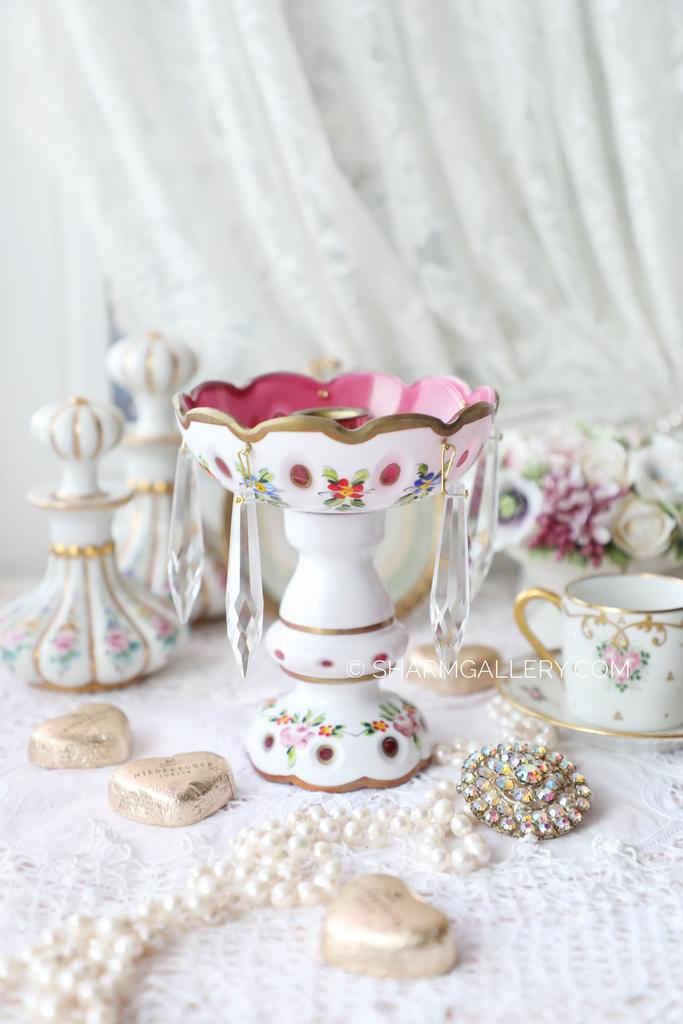 Антикварный подсвечник №2 двухслойное стекло с подвесками Богемия BOHEMIA, ЧЕХОСЛОВАКИЯ.