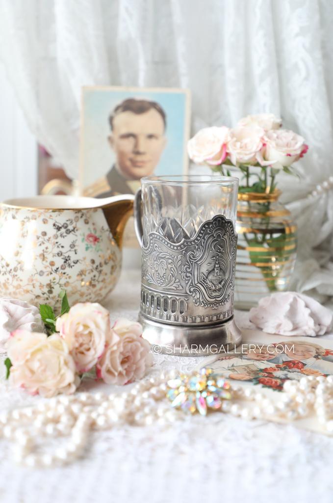 Подстаканник мельхиоровый №7 "Советский космос" + хрустальный стакан, 1960г., Кольчугино.