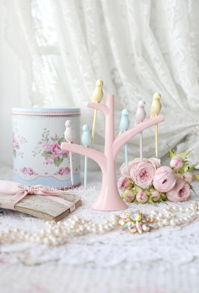 Набор сервировочных шпажек на подставке «Дерево с птичками» розовое, Германия.