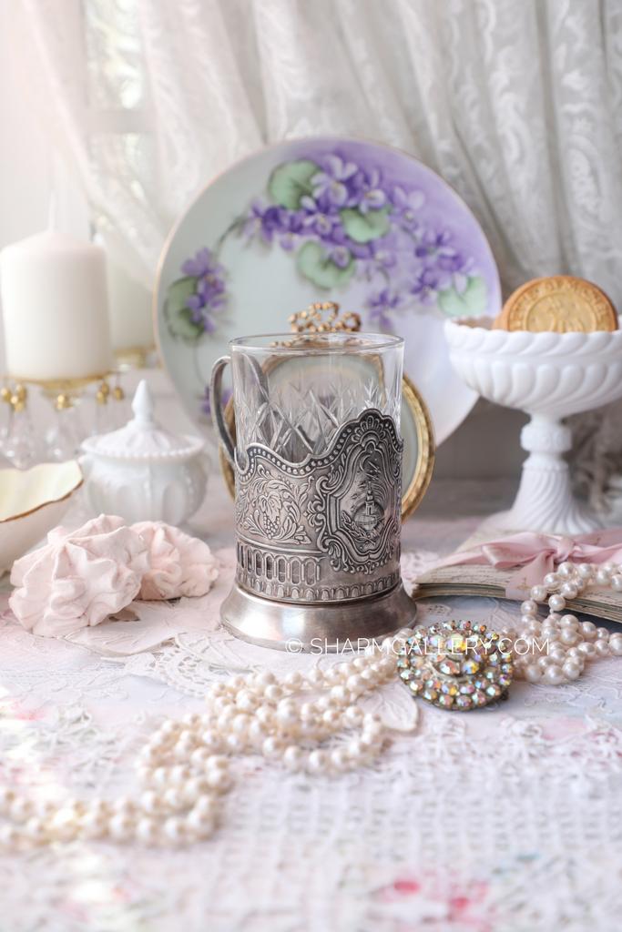 Подстаканник мельхиоровый №8 "Советский космос" + хрустальный стакан, 1960г., Кольчугино.