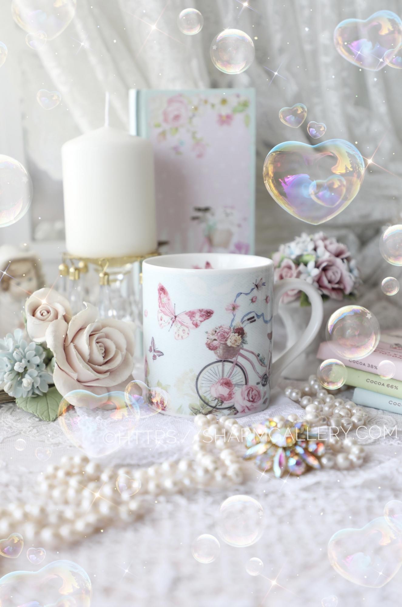 Кружка "Велосипед и Бабочки" 250мл., фарфор BV Copyright 1990гг., шебби шик.