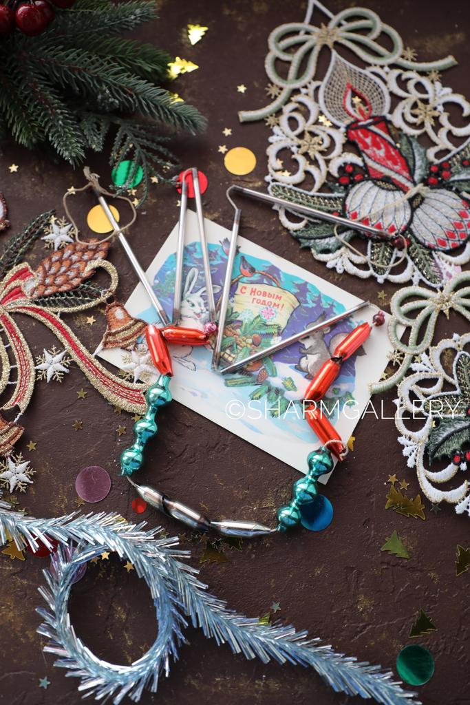 Старинные елочные бусы стекло, трубочки стеклярус. СССР. №5