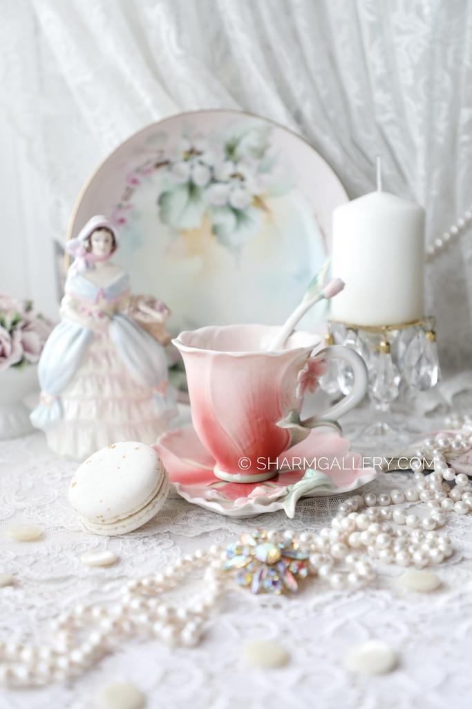 Чайная пара с ложечкой "Нежный Цветок" керамика ручной работы, роспись Pavone 1990гг.