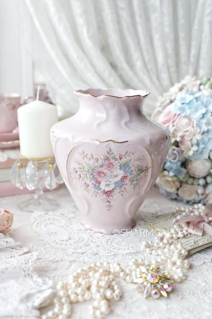 Ваза для цветов "Хризантемы и Незабудки" 19см розовый фарфор Haas and Czjzek Чехословакия.