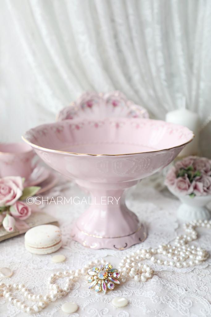 Ваза для фруктов на ножке 23см. «Розовая соната» розовый фарфор Leander Чехия.