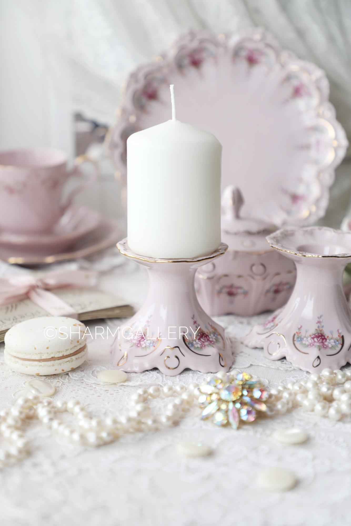 Подсвечник «Розовый букет» розовый фарфор "Haas & Czjzek" Чехословакия.