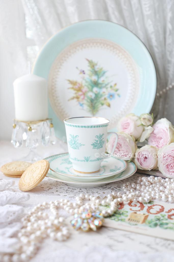 Кофейная тройка трио "Бирюзовые букеты" костяной фарфор ЛФЗ, СССР. Знак качества!