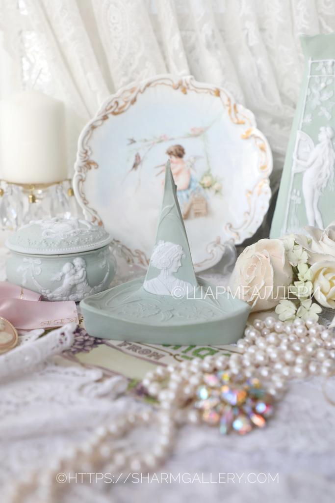 Антикварная подставка для колец Ар Нуво «Камея» бисквитный зеленый фарфор Гарднер в Вербилках до 1917г. Вербилки