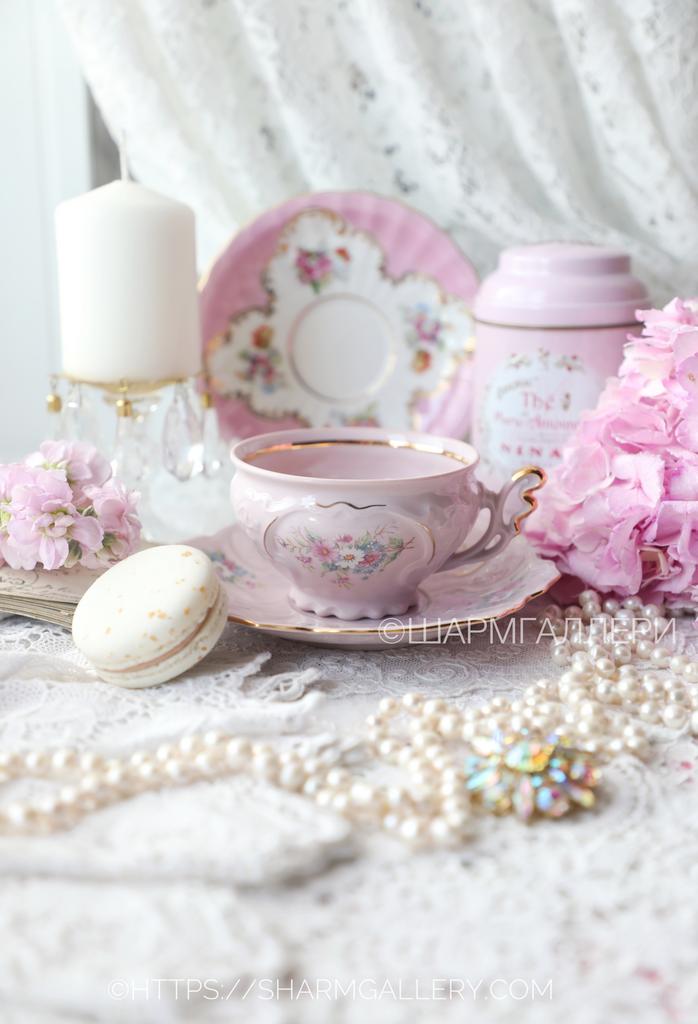 Чайная пара "Хризантемы и Незабудки" 200мл, розовый фарфор Haas and Czjzek Чехословакия.