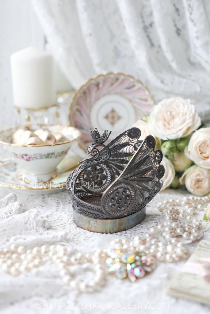 Салфетница «Царевна лебедь» мельхиор, филигрань скань, СССР.