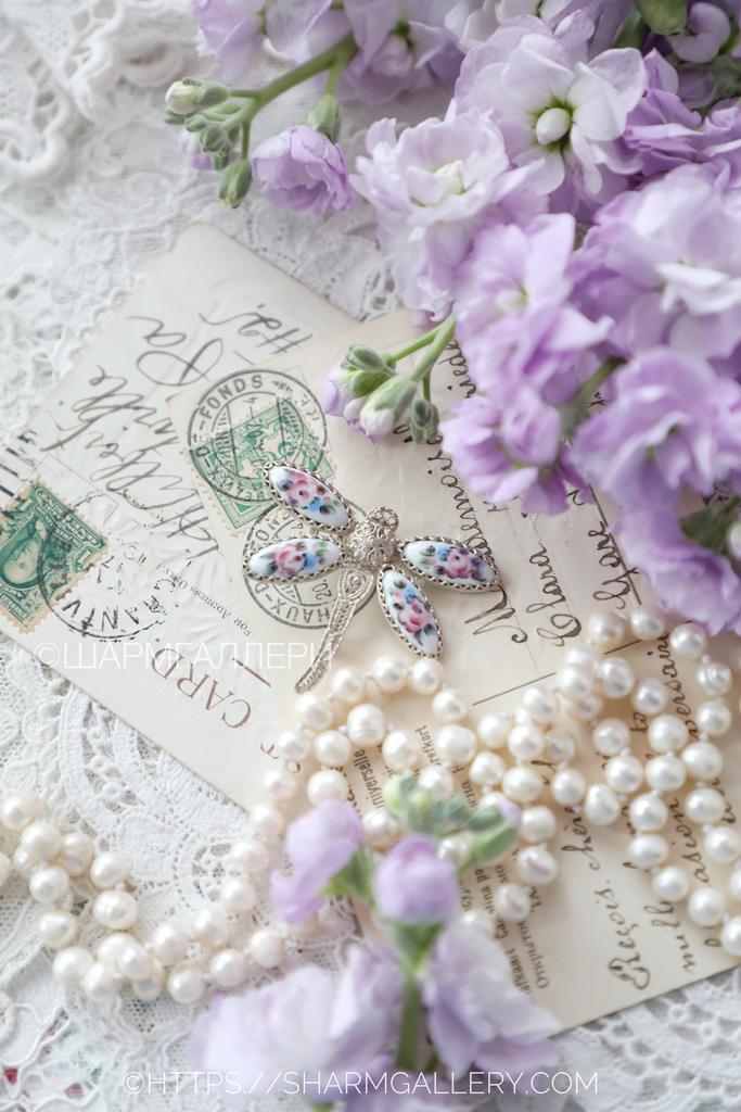 Брошь «Стрекоза» Ростовская финифть мельхиор, СССР.