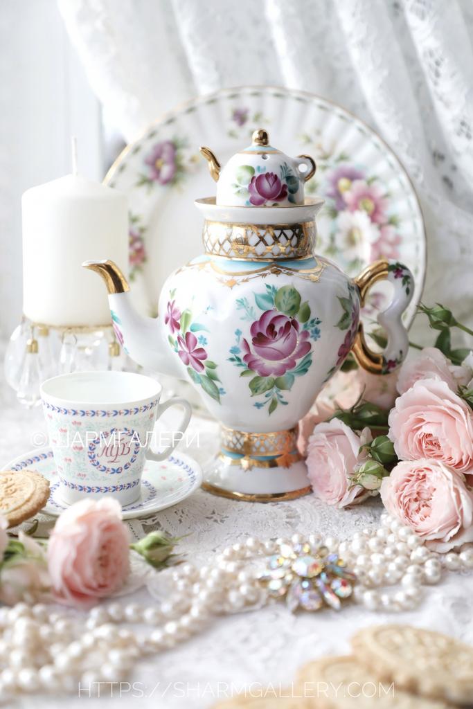 Заварочный чайник "Самоварчик" ручная роспись, фарфор ЛФЗ, СССР.