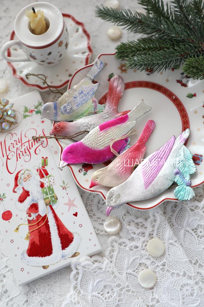 Набор «Птички» 5шт. елочные игрушки из картона - картонаж, СССР.