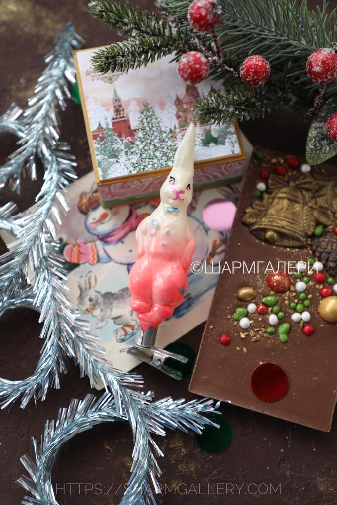 "Заяц в жилетке" редкий раскрас! советская коллекционная елочная игрушка, стекло на прищепке, СССР. №12