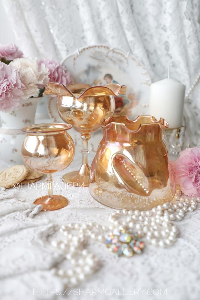 Набор тонкостенное дутое цветное стекло Ваза, Рюмка, Ваза на ножке. СССР