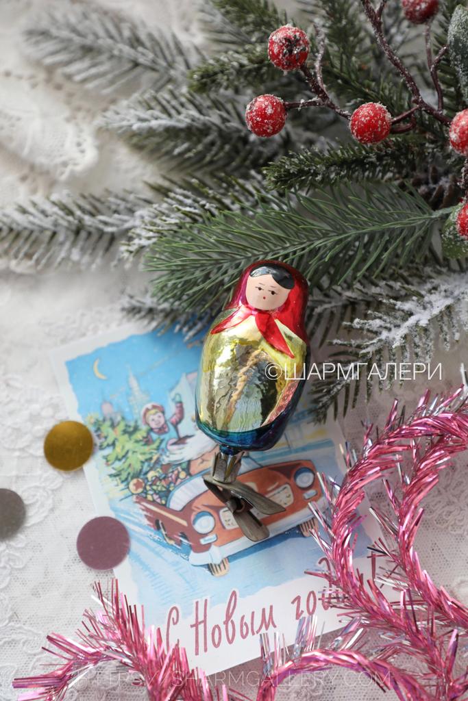 Матрешка. №26 елочная игрушка, стекло на прищепке.СССР.