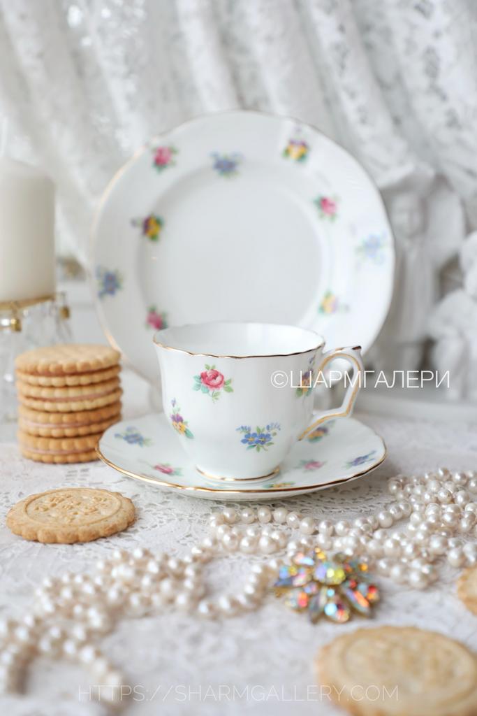 Редкое Чайное трио «Ситец»  костяной фарфор Royal Crown Staffordshire (Стаффордширская корона) Англия