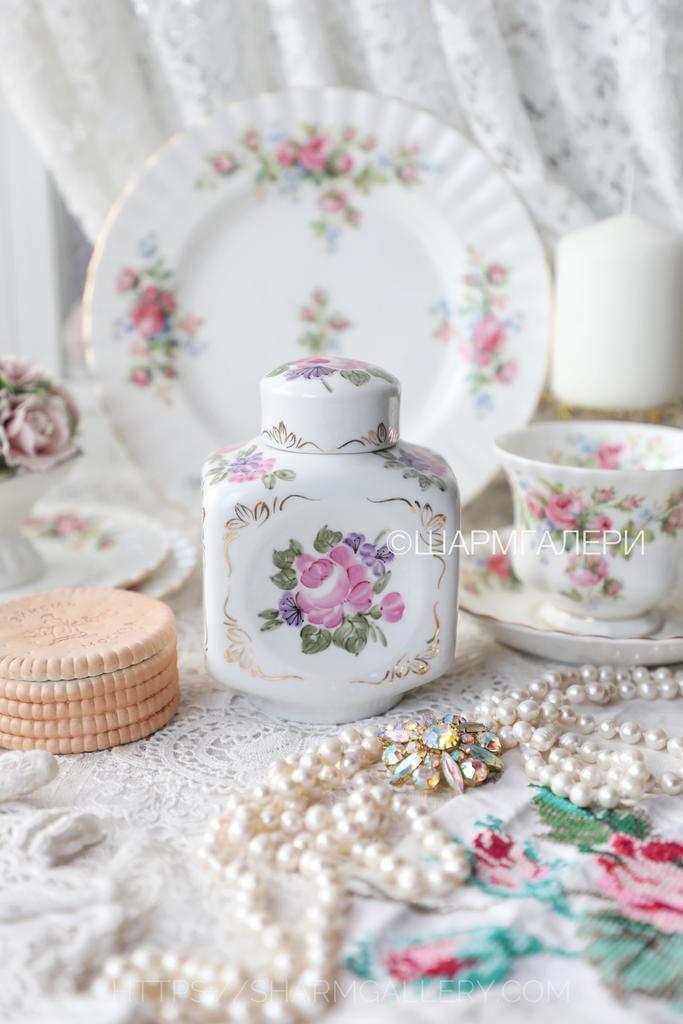 Чайница банка для чая «Роза» роспись, фарфор ДФЗ Вербилки, СССР