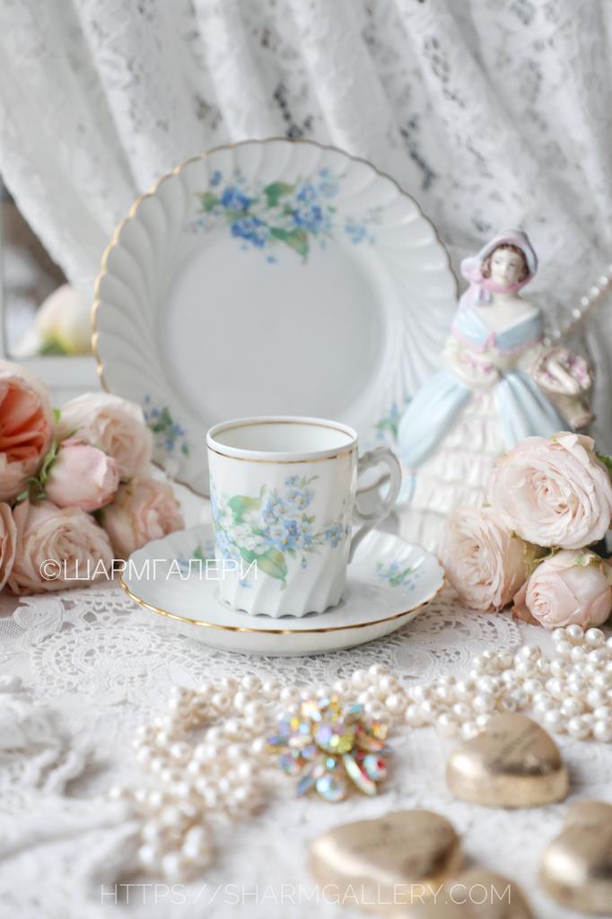 Редкость! Антикварное кофейное трио  «Незабудки и Ландыши» фарфор, Европа.