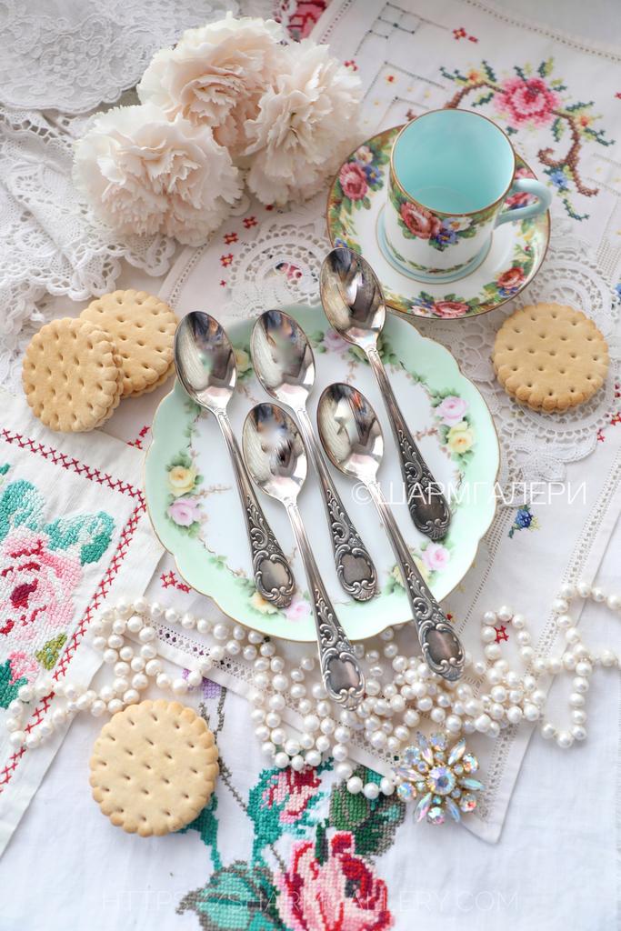 Набор старинных чайных ложек 5шт. серебрение, клеймо Ernting 2000-100