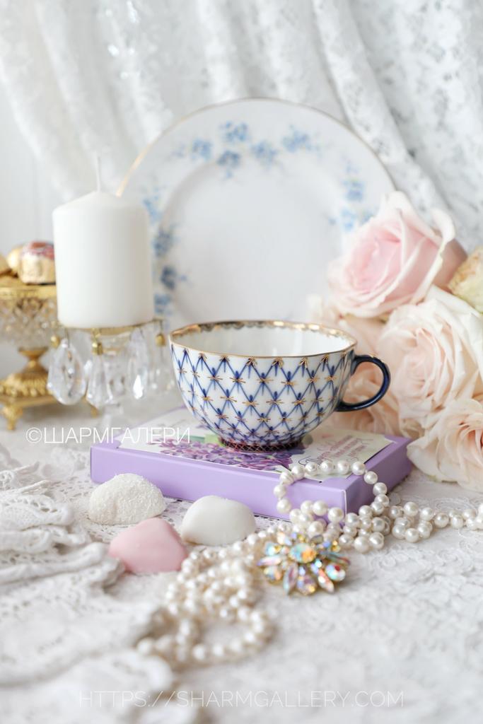 Чайная чашка кобальтовая сетка костяной фарфор, ручная роспись позолота ЛФЗ, СССР